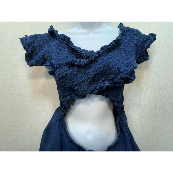 American Eagle Outfitters Womens Smocked Sexy Denim Romper Size L Navy Cutout - Picture 4 of 11